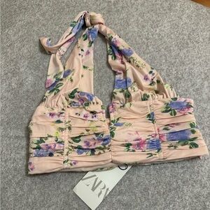 ZARA Peach Floral Halter Ruched Crop Top